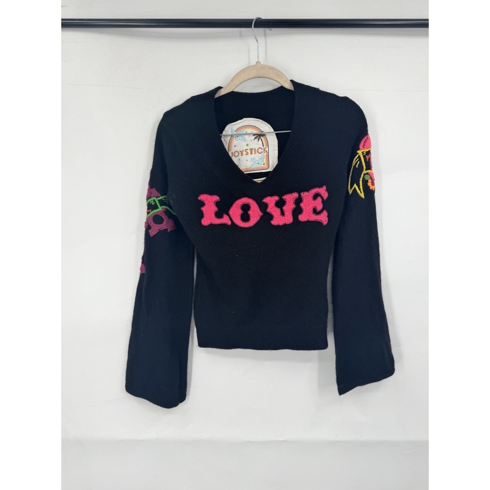 Joystick Flawed Cashmere Embroidered Y2K Retro Flare Sleeve Sweater Sz S Black
